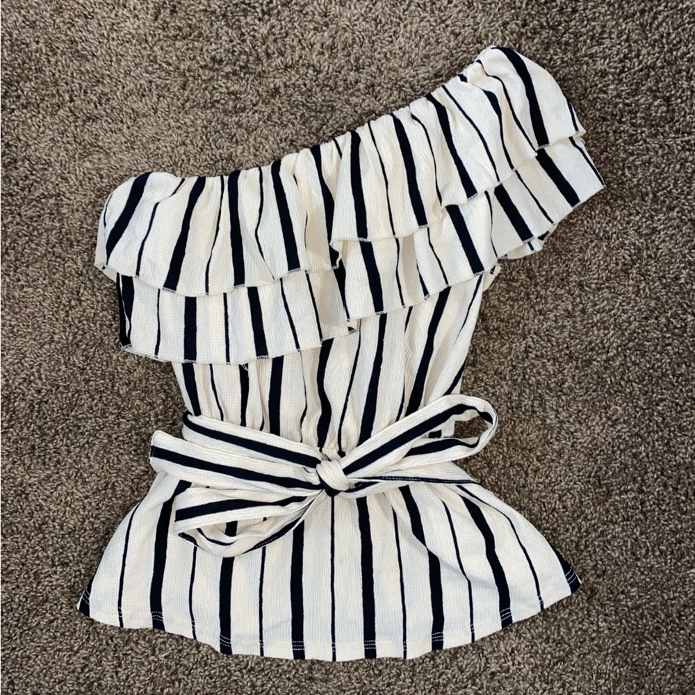 Maeve for Anthropologie Striped Ruffle Tie Waist One Shoulder Top - Picture 4 of 8